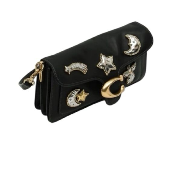 Coach Tabby Shoulder Crossbody Bag 26 Moon Stars Angel Pins Black Leather New - Picture 6 of 12